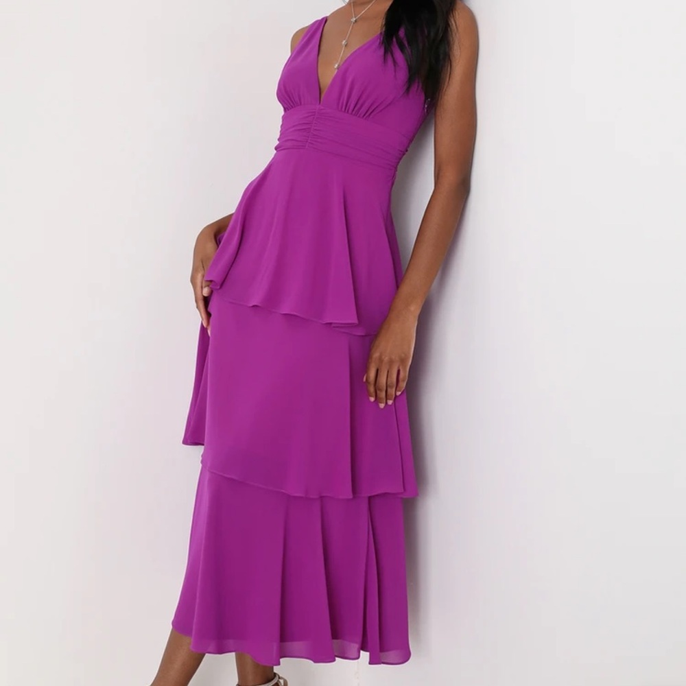 lulu’s celebration time frill midi dress purple